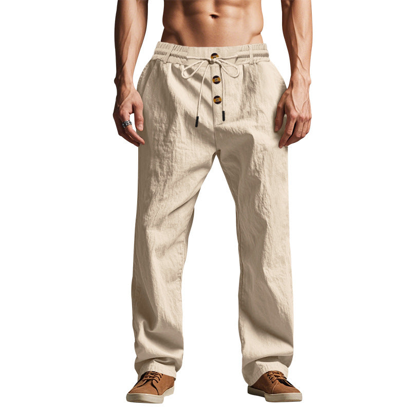Herren nan Relaxhose im Leinenlook mit dekorativer Knopfleiste und Tunnelzugbund EB