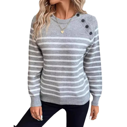 Damen gestreifter Pullover mit dekorativen Knopfdetails und Rundhalsausschnitt EB