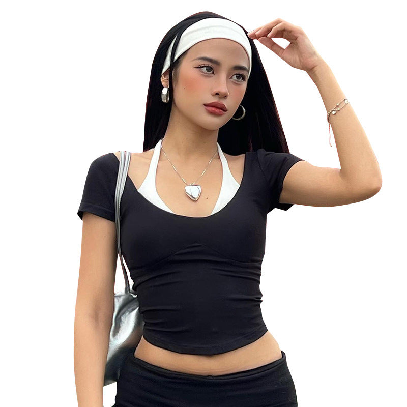 Damen cropped T-Shirt mit Schulterakzenten und figurbetontem Schnitt EB