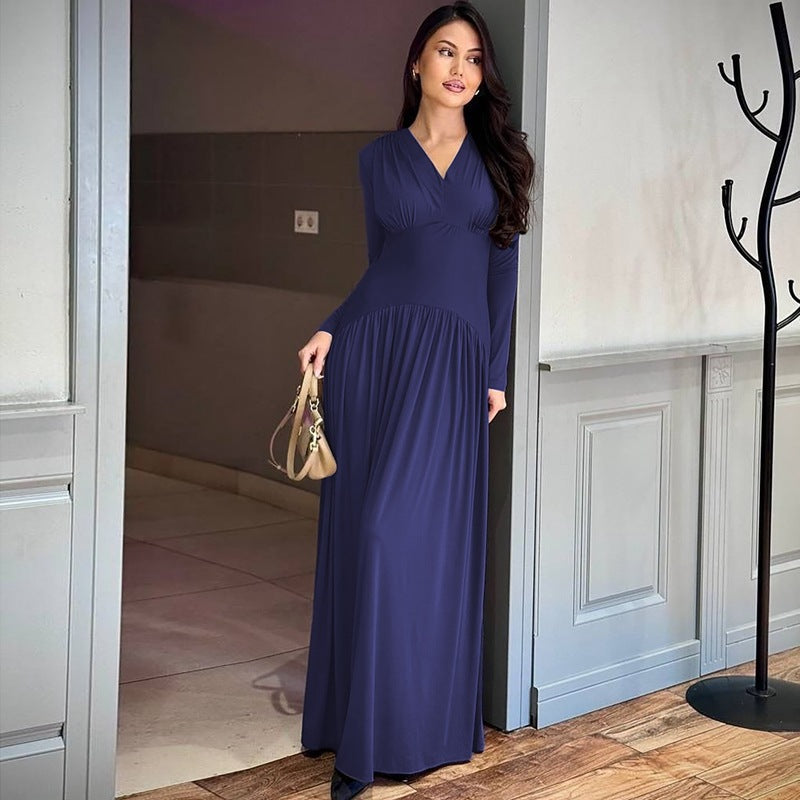 Damen Elegantes Maxikleid mit tiefem V-Ausschnitt und fließendem Schnitt EB