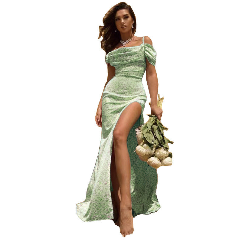 Damen Elegantes Maxikleid mit Off-Shoulder Design und hohem Beinschlitz EB