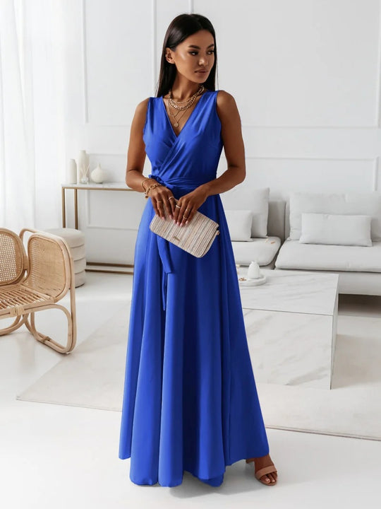 Damen Wickel-Maxikleid mit tiefem V-Ausschnitt und fließendem Schnitt EB