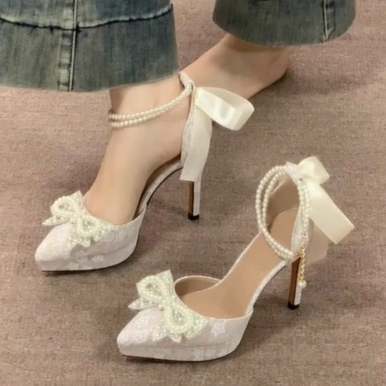 Damen elegante High Heel Sandalen mit zierlicher Schleifenverzierung EB