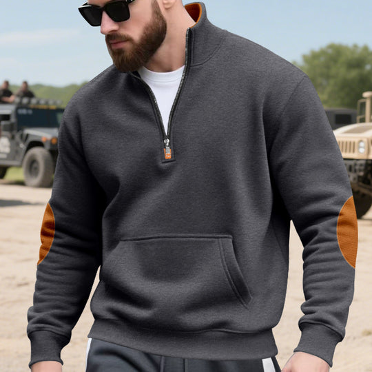 Herren nan Halbzip-Sweatshirt mit Stehkragen, Kängurutasche und kontrastierenden Ellbogenpatches EB