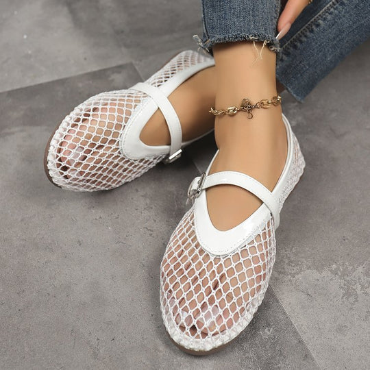 Damen Ballerinas mit modischem Netzdesign und dekorativem Riemchen EB