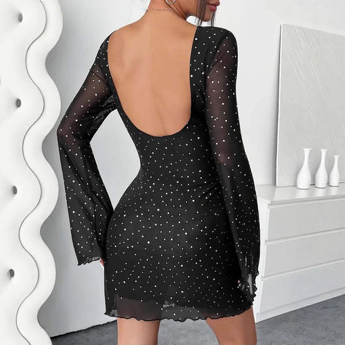 Damen elegantes Minikleid mit tiefem Rückenausschnitt und ausgestellten Ärmeln EB