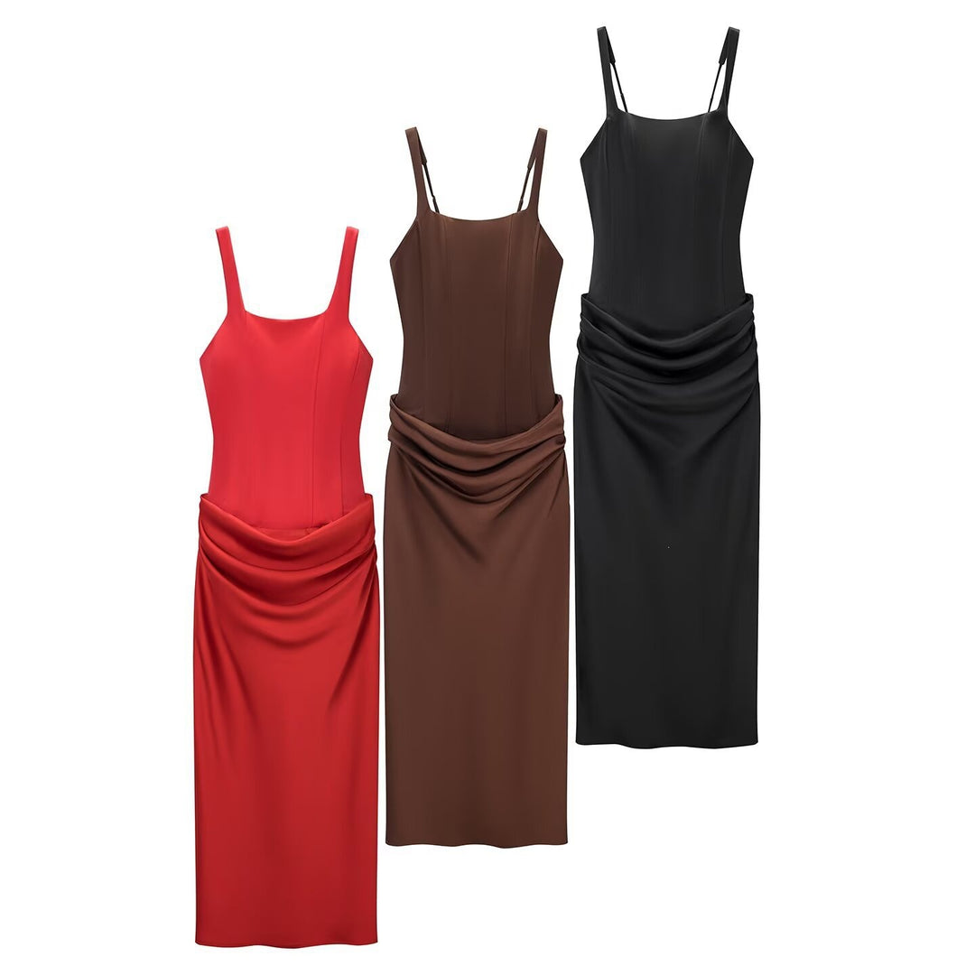 Damen elegantes Midikleid mit raffinierten Drapierungen und verstellbaren Spaghettiträgern EB