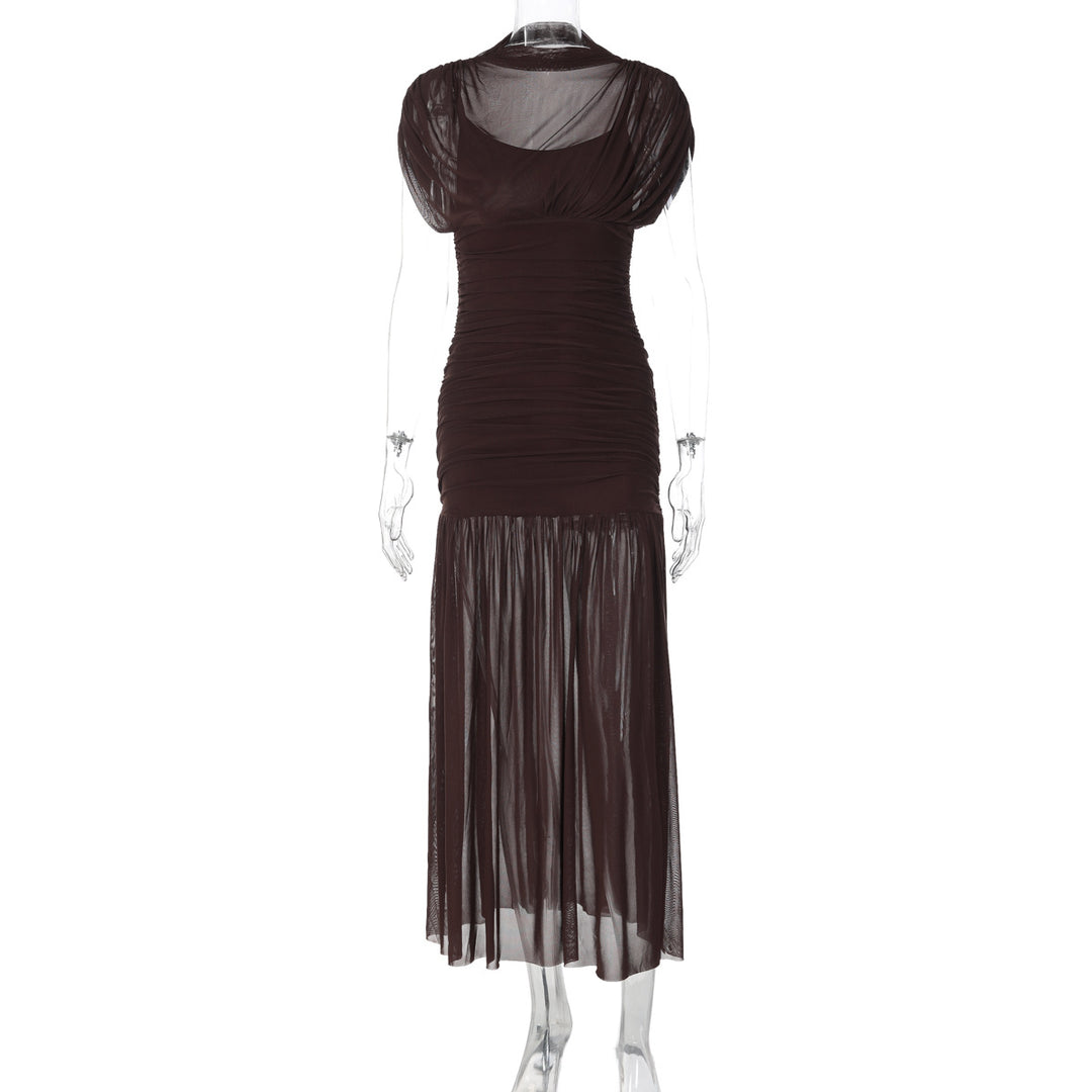 Damen Maxi-Kleid mit transparenten Puffärmeln und elegantem Raffungseffekt EB