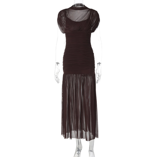 Damen Maxi-Kleid mit transparenten Puffärmeln und elegantem Raffungseffekt EB