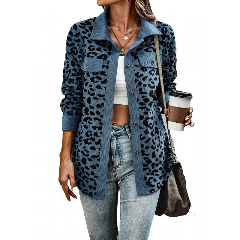 Damen tierisches Print-Langarm-Hemdjacke mit aufgesetzten Taschen EB