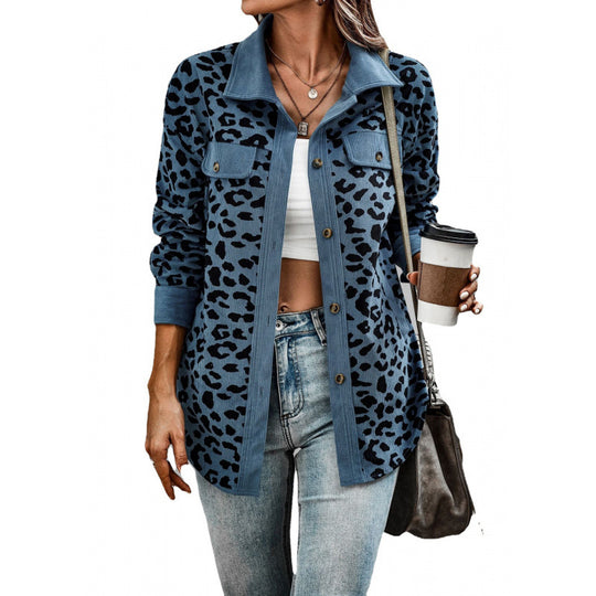 Damen tierisches Print-Langarm-Hemdjacke mit aufgesetzten Taschen EB