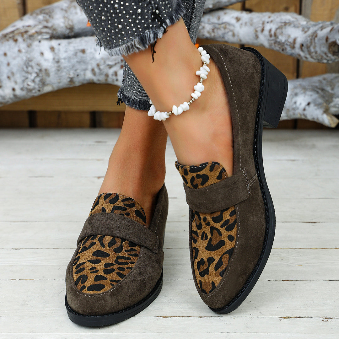 Damen Mokassin-Schuhe mit modischem Leopardenmuster und komfortablem Blockabsatz EB