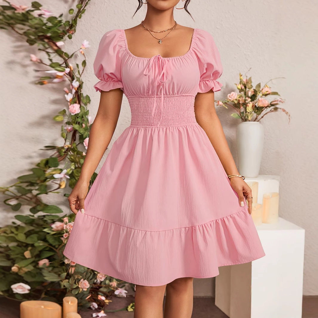 Damen Puffärmel Kleid mit elastischem Tailleneinsatz und Rüschensaum EB