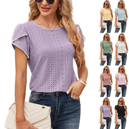 Damen Elegante Bluse mit Rüschenärmeln und Lochmuster EB