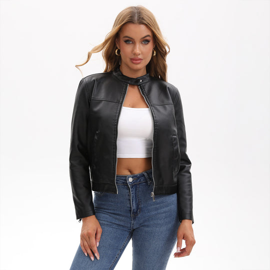 Damen nan taillierte Kunstlederjacke mit Stehkragen, verdecktem Reißverschluss und cleanem Minimaldesign EB