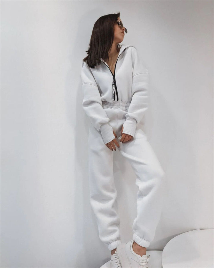 Damen Taillierter Kapuzen-Sweat-Jumpsuit mit Reißverschluss und elastischem Taillenbund EB