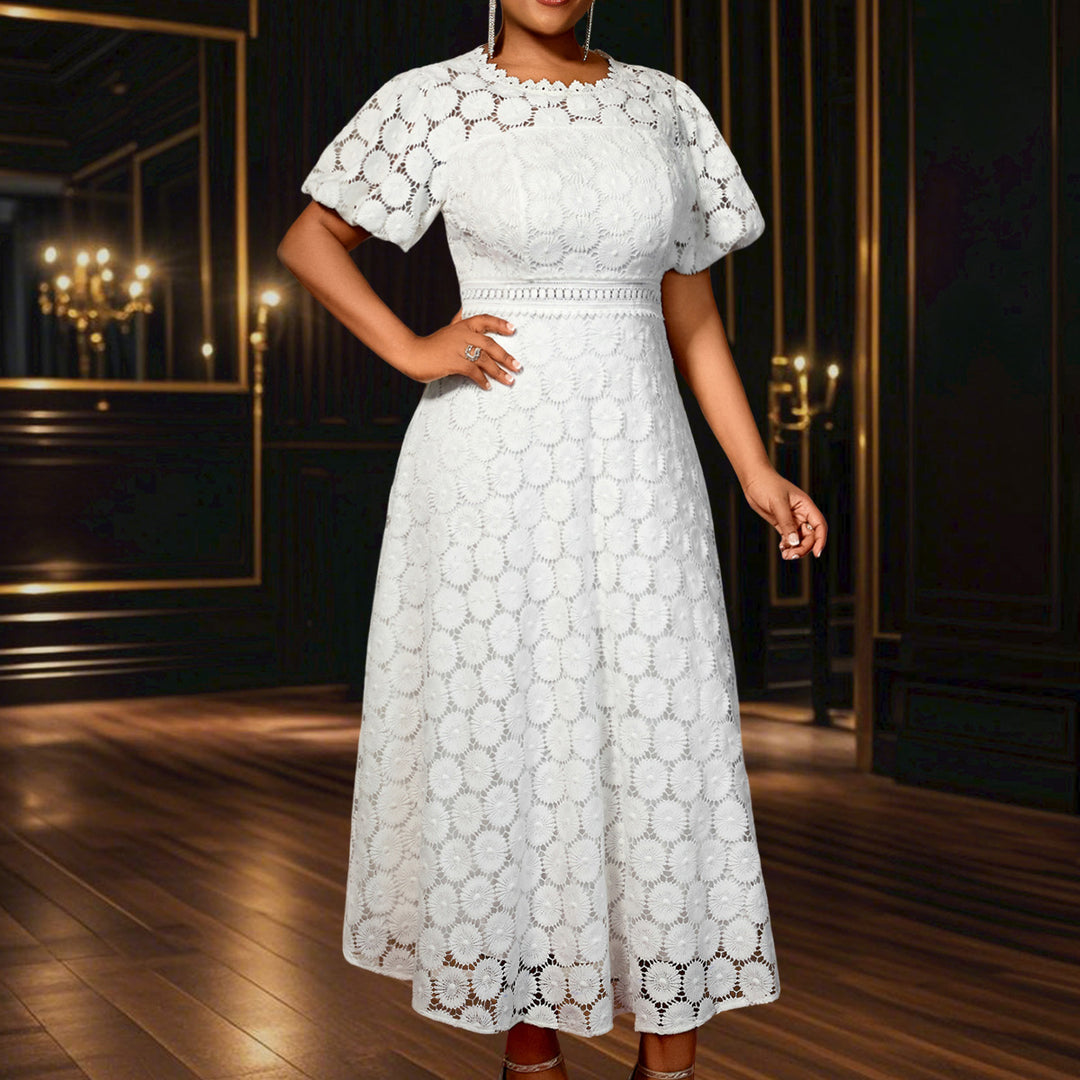 Damen Midi-Kleid mit eleganter Spitzenapplikation und Puffärmeln EB