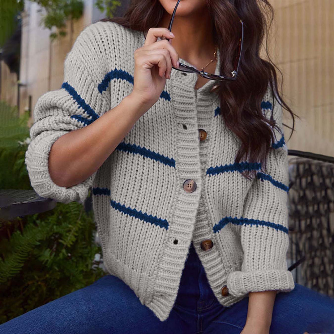 Damen Strickjacke mit lässigen Streifen und praktischen Knöpfen EB