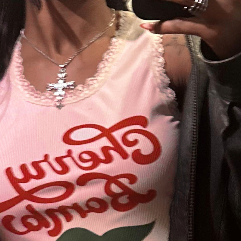 Damen lässiges Crop-Top mit charmantem Spitzenrand und fröhlichem Print EB