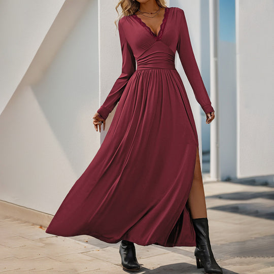 Damen Maxikleid mit tiefem V-Ausschnitt und eleganter Raffung EB