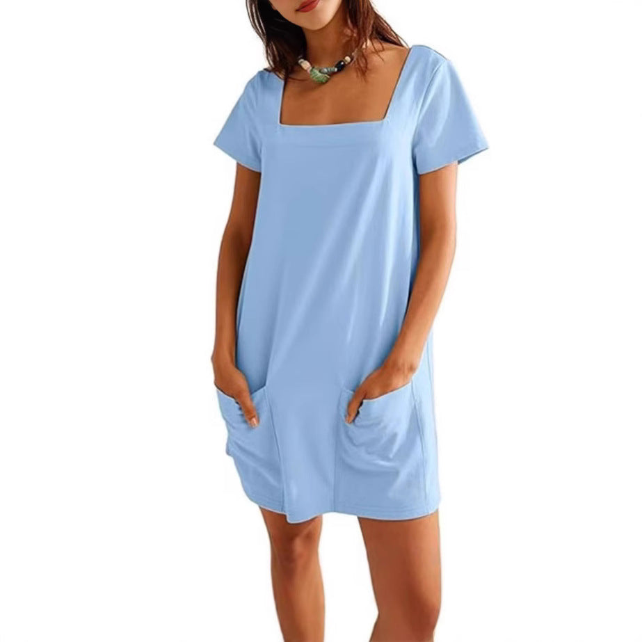 Damen lässiges Tunika-Kleid mit praktischen Taschen und Quadrat-Ausschnitt EB
