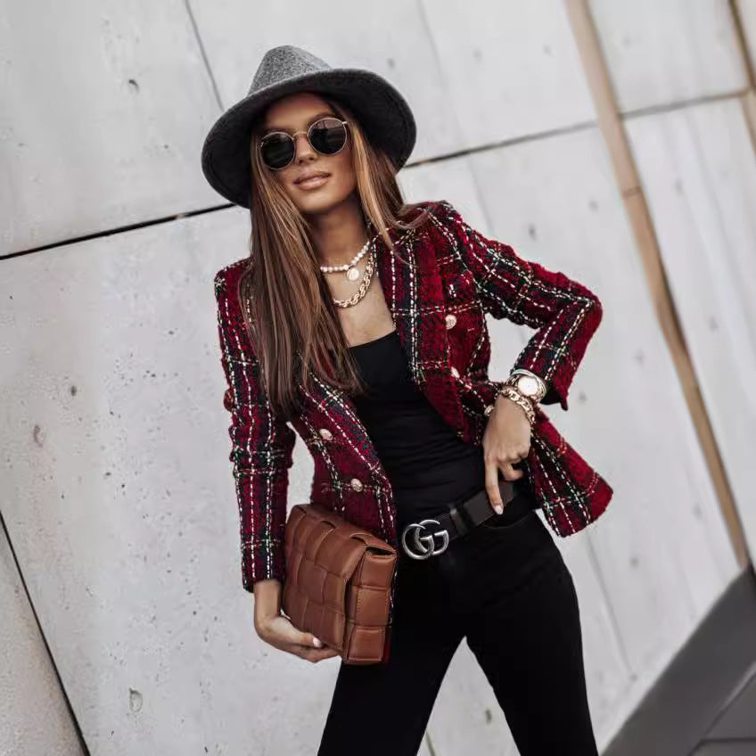 Damen Modischer Bouclé-Blazer mit doppelter Knopfleiste und strukturiertem Gewebe EB