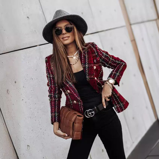 Damen Modischer Bouclé-Blazer mit doppelter Knopfleiste und strukturiertem Gewebe EB