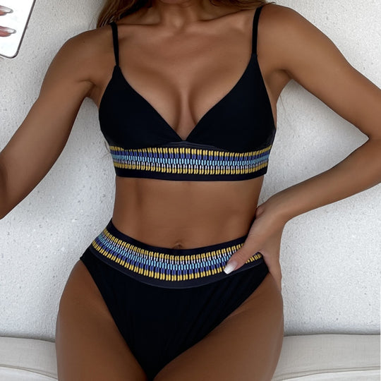 Damen Hochtaillierter Bikini mit buntem Jacquard-Bund EB