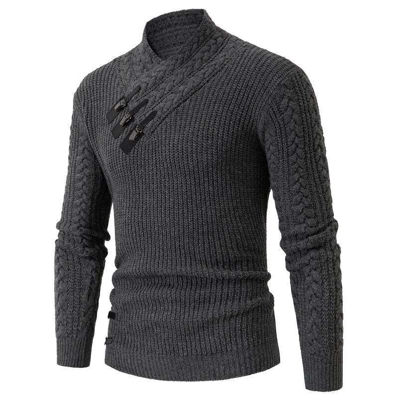 Herren nan Strickpullover mit Schalkragen, Zopfmuster und markanten Schnallenverschlüssen EB