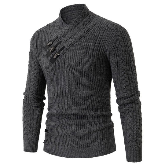 Herren nan Strickpullover mit Schalkragen, Zopfmuster und markanten Schnallenverschlüssen EB