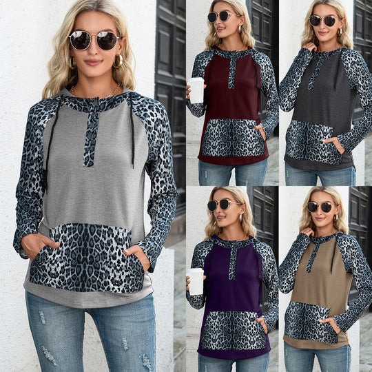 Damen Kapuzenpullover mit Leopardenmuster und Kängurutasche EB