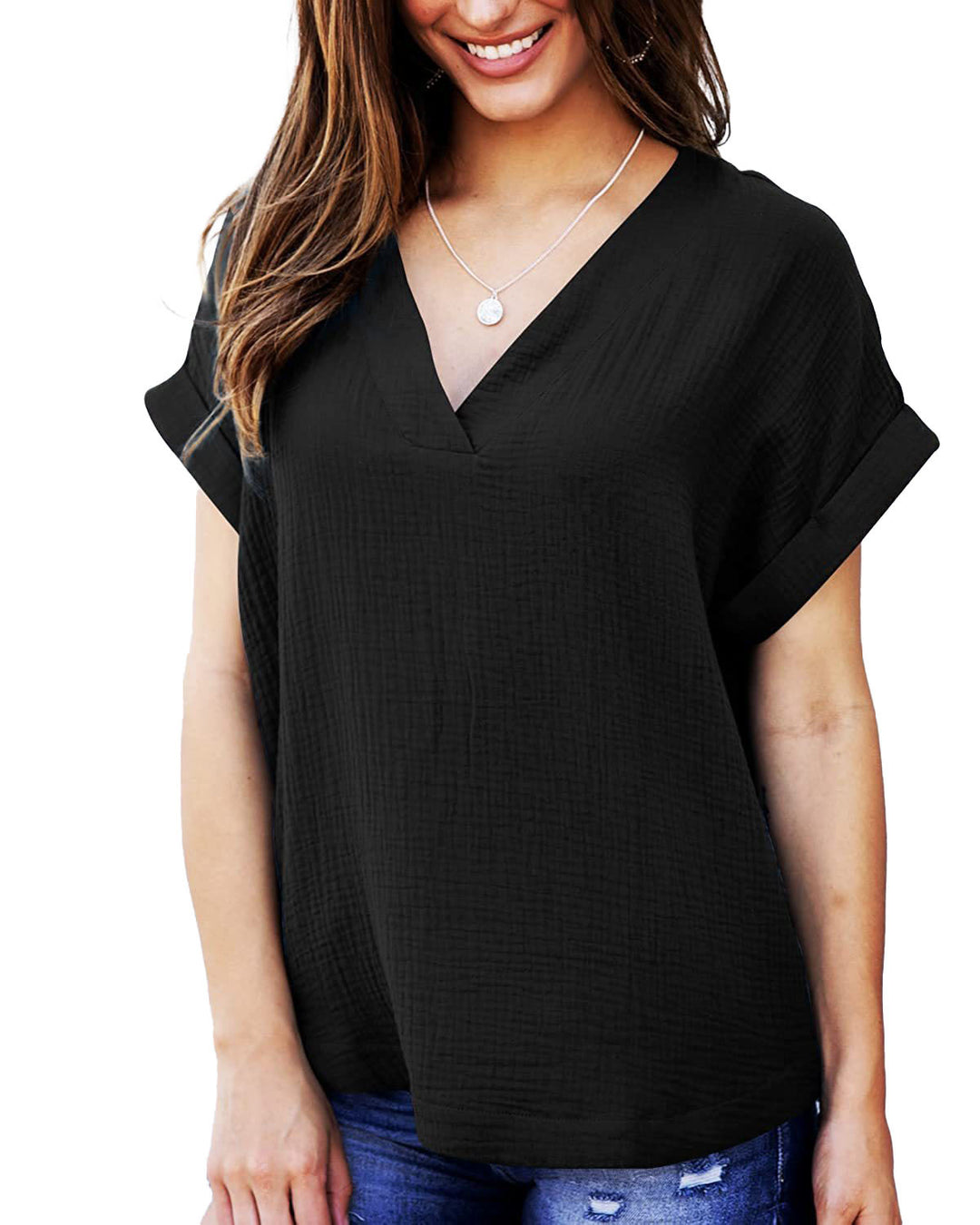 Damen lässiges V-Ausschnitt T-Shirt mit luftiger Passform und umgeschlagenen Ärmeln EB