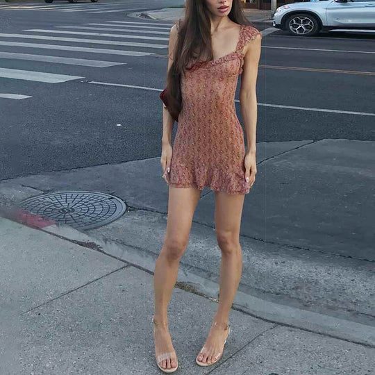Damen Transparente Spitzenkleid mit Rüschen und floralem Muster EB