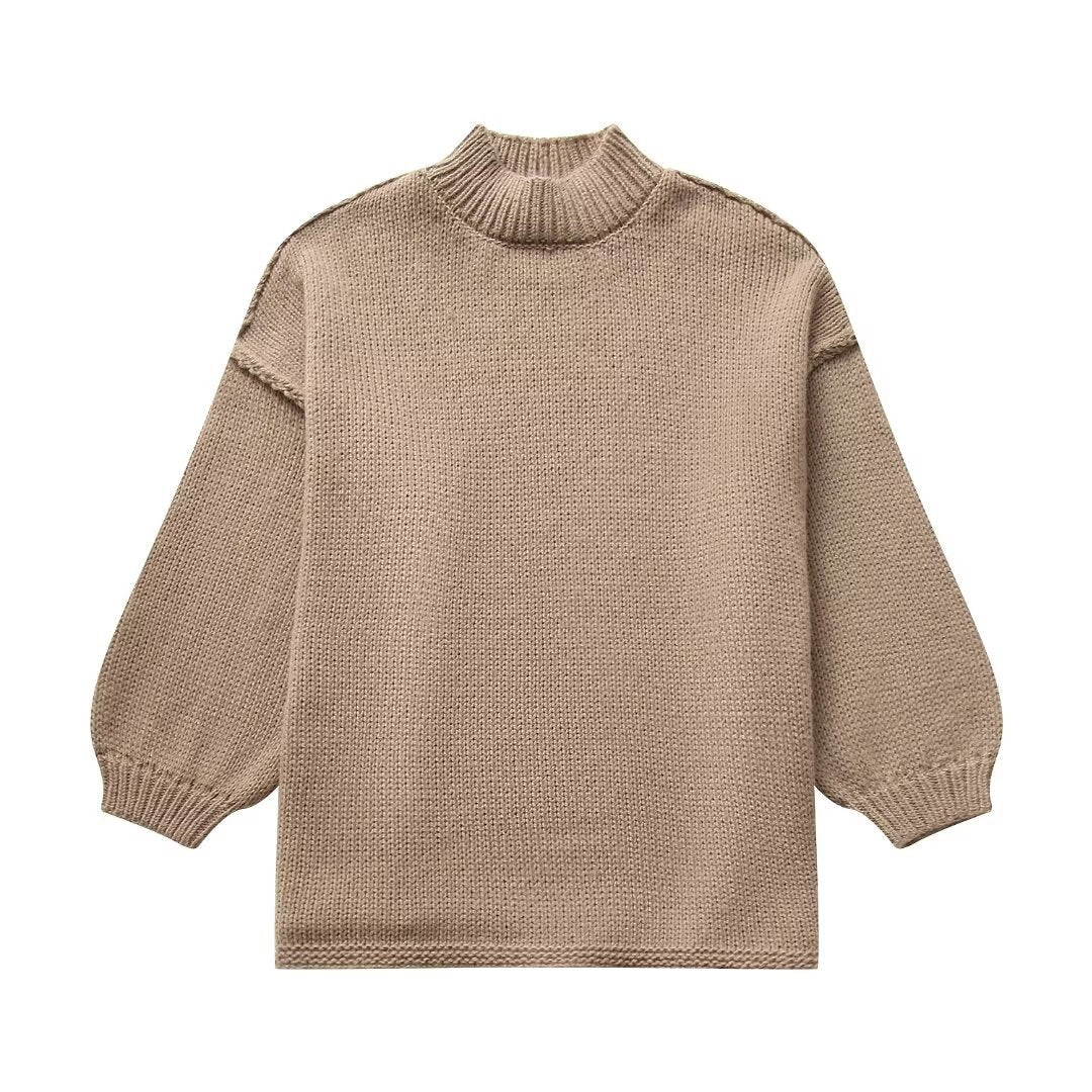 Damen lockerer Strickpullover mit hohem Kragen und überschnittenen Schultern EB