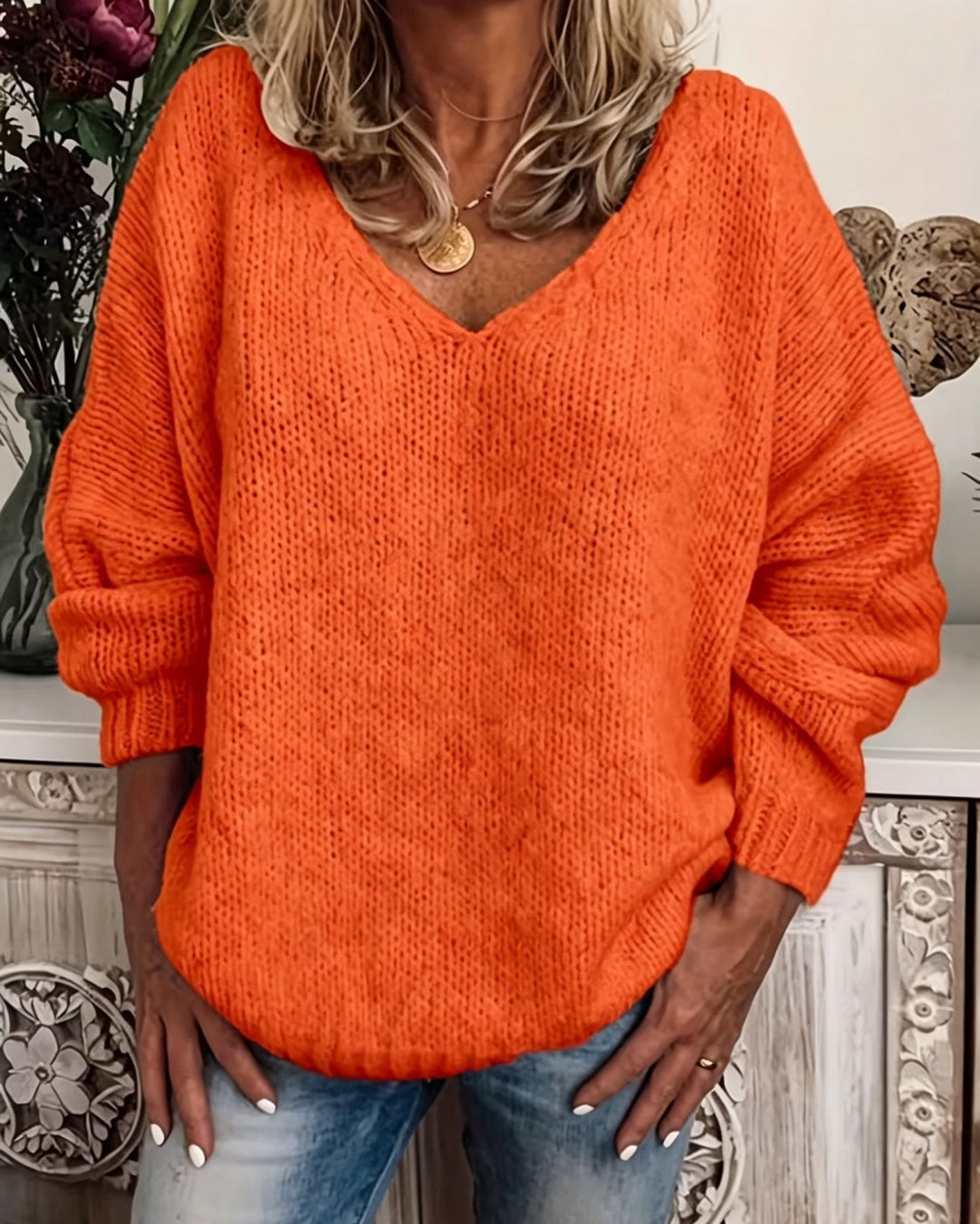 Damen Legerer V-Ausschnitt Pullover aus feiner Waffelstrickstruktur mit überschnittener Schulter EB