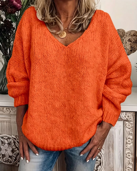 Damen Legerer V-Ausschnitt Pullover aus feiner Waffelstrickstruktur mit überschnittener Schulter EB