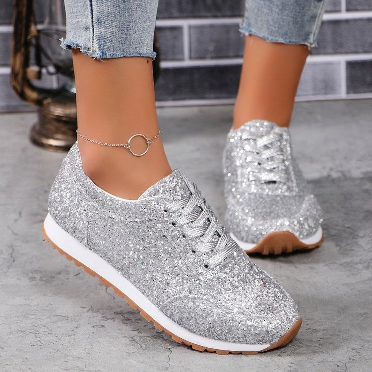 Damen  glitzernde Retro-Laufsneaker mit gepolstertem Memory-Fußbett und rutschfester Profilsohle EB