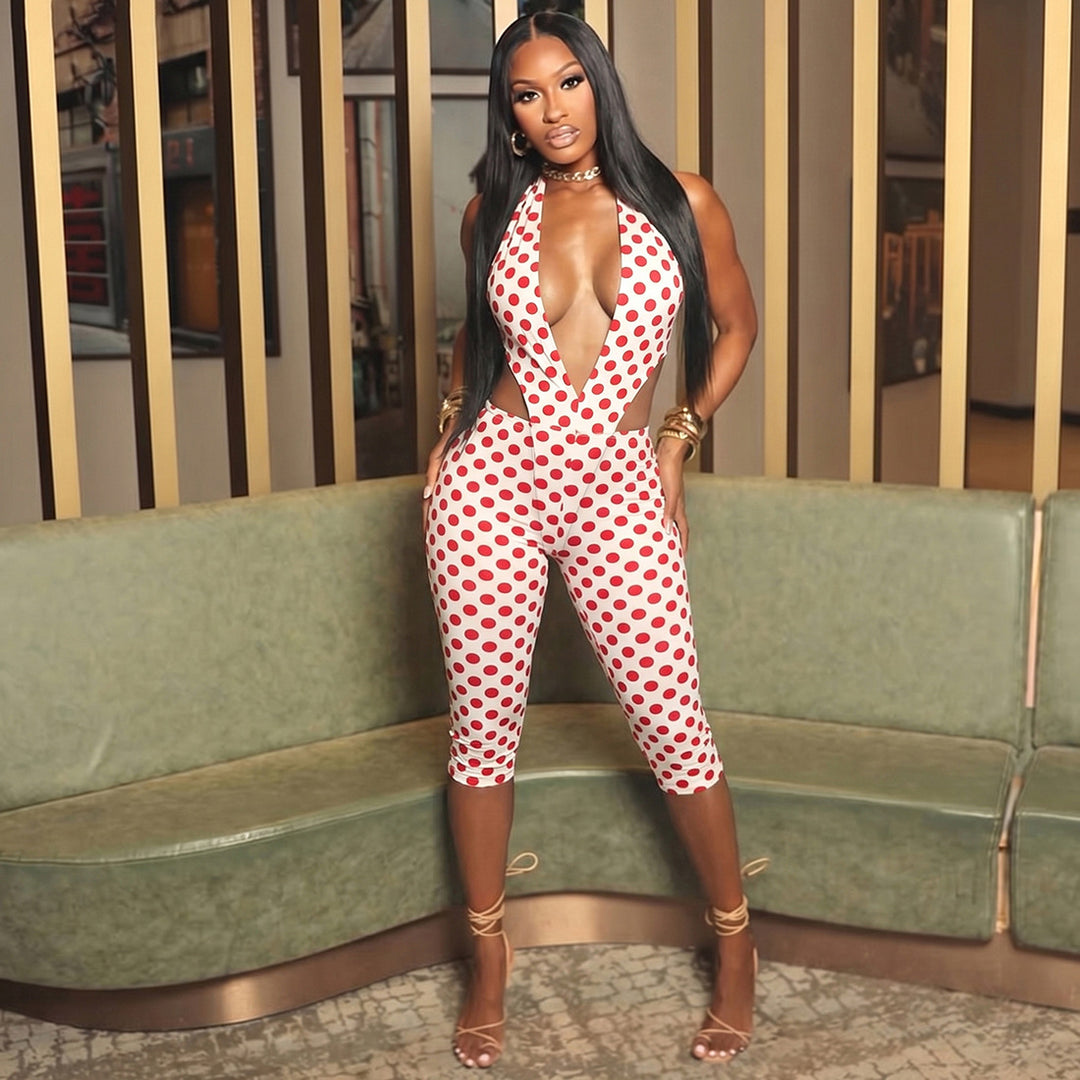 Damen figurbetonter Jumpsuit mit tiefem V-Ausschnitt und Bindegürtel EB