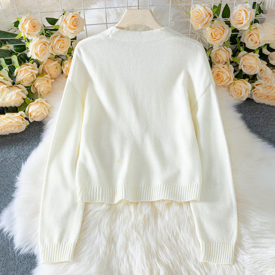 Damen lässige Strickjacke mit fruchtigen Applikationen und offenen Ärmeln EB