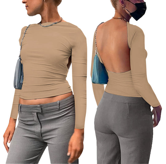 Damen figurbetontes Longsleeve-Oberteil mit offenem Rücken und elegantem Design EB