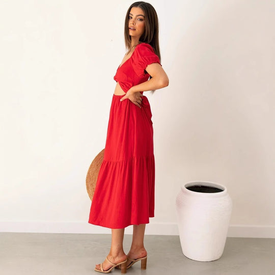 Damen Midi-Kleid mit verspielten Cut-Outs und Bindedetails EB