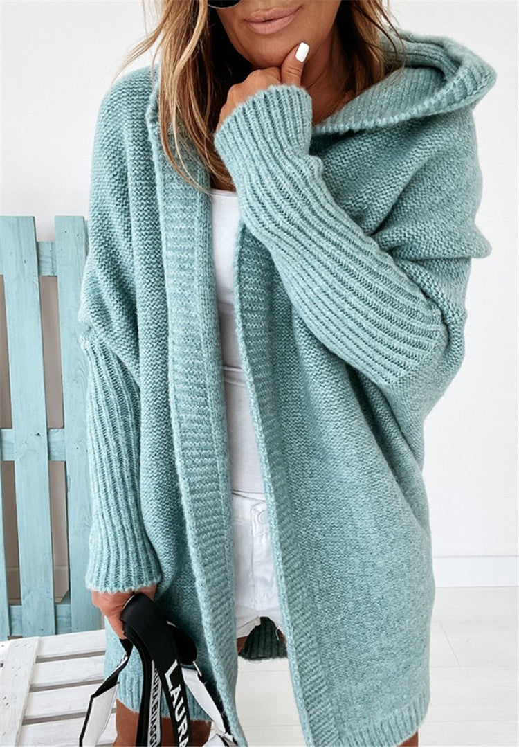 Damen gemütlicher Strickcardigan mit Kapuze und weit geschnittenen Ärmeln EB