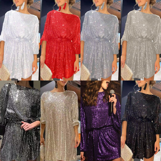 Damen Glamouröses Cocktailkleid mit funkelnden Lurex-Fäden und elastischem Taillengürtel EB