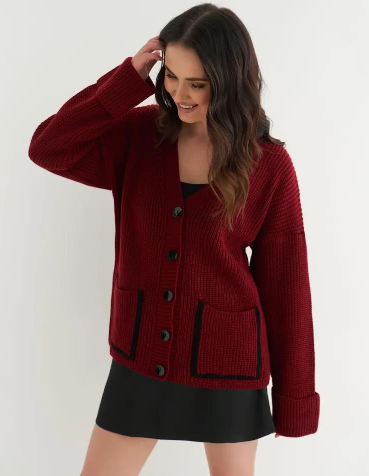 Damen Lässiger Strickcardigan mit tiefem V-Ausschnitt und praktischen Taschen EB