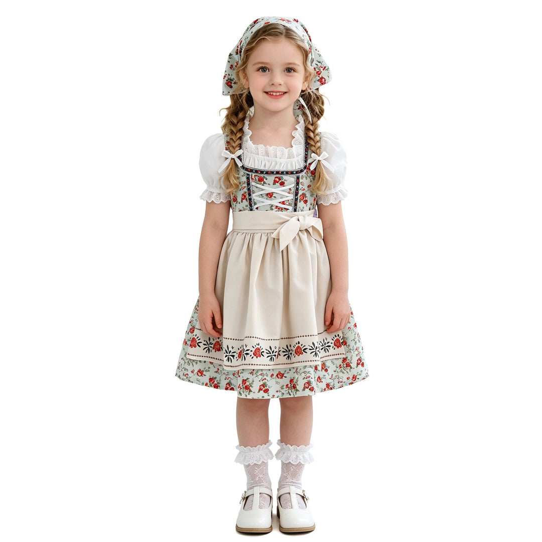 Damen nan Kinderdirndl Trachtenkleid mit Spitzenbluse Schürze und Kopftuch EB