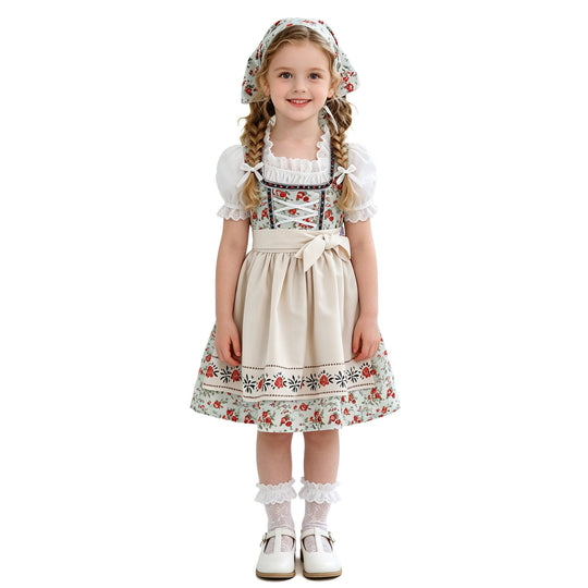 Damen nan Kinderdirndl Trachtenkleid mit Spitzenbluse Schürze und Kopftuch EB