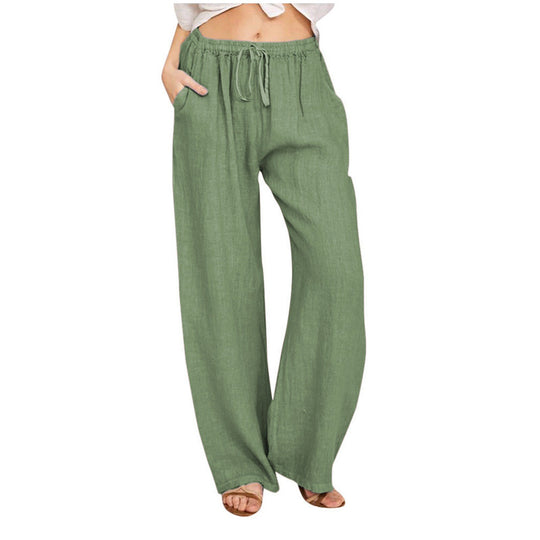 Damen Weite Leinenhose mit elastischem Bund und praktischen Eingrifftaschen EB