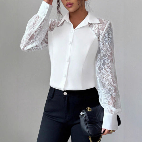 Damen Elegante Bluse mit Spitzeneinsätzen und Hemdkragen EB