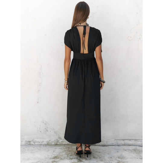 Damen elegante Maxi-Kleid mit raffiniertem Wickeldesign und tiefem V-Ausschnitt EB