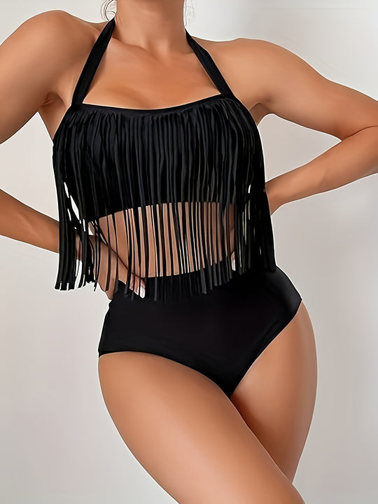 Damen Bikiniset mit fransigem Oberteil und hoch taillierter Hose EB